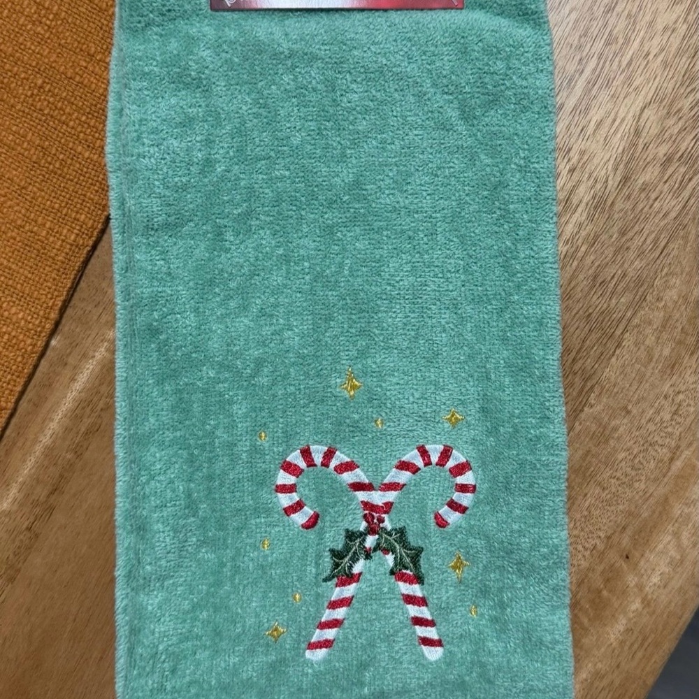 St. Nicholas Square Green Hand Towel with Candy Cane Design